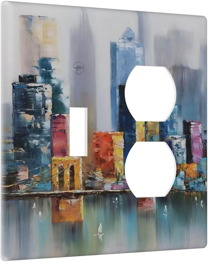 Colorful Nyc Skyline Textured Modern Abstract Wallplates 1 Toggle 1 Duplex Switch Plate Electrical GFCI Faceplate Decorative Light Switch Covers for Bedroom Living Room Decor