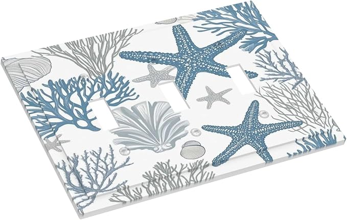 Blue Starfish Nautical Beach Conch Coastal Coral Shell Decorative Switch Plates 3 Gang Wall Plate Triple Toggle Light Switch Cover Faceplate Electrical Wall Panels For Kids Room Bathroom Decor
