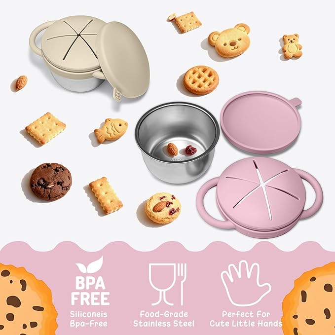 2 Pack Baby Stainless Steel Snack Containers for Kids with Spill Proof Food Grade Silicone Lids & Handles 9 OZ Baby Snack Cups No Spill Toddler Snack Box for Mess-Free Snacking