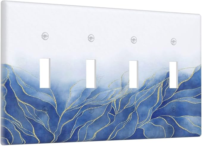 Light Switch Cover Plate Blue Gold Leaf Marble Modern Abstract 4 Gang Quad Toggle Decorative Switch Plates Wall Panels Electrical Wall Plates Faceplate for Kitchen Bathroom Decor