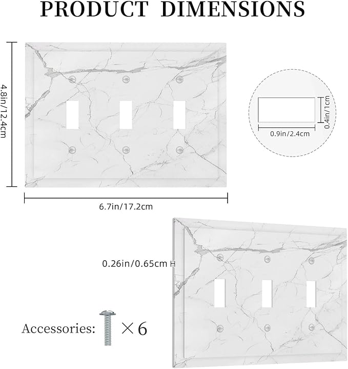 Decorative Switch Plates White Grey Abstract Modern Marble 3 Gang Wall Plate Triple Toggle Light Switch Cover Faceplate Electrical Wall Panels for Bathroom Kitchen Decor