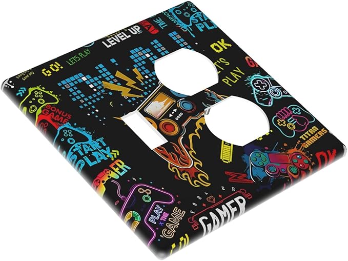 Gamer Video Game Themed Cool Controller Print Wallplates 1 Toggle 1 Duplex Switch Plate Electrical GFCI Faceplate Decorative Light Switch Covers for Kids Room Office Decor