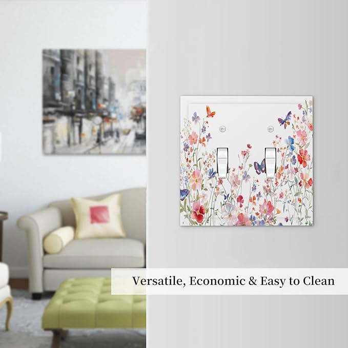 Colorful Flower Watercolor Floral Butterfly Bird Decorative Switch Plates 2 Gang Double Toggle Outlet Light Switch Cover Wall Plate Electrical Faceplate for Bedroom Living Room Decor