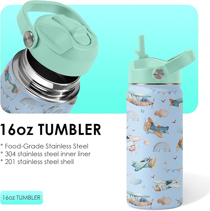 Airplane Gifts - 16oz Kids Blue Airplane Water Bottle with Straw Lid, Stainless Steel Insulated Tumbler, Leakproof, BPA-Free, for Boys, School, Travel - Helicopter Pilot Lovers Birthday Gift Cup (1pc)