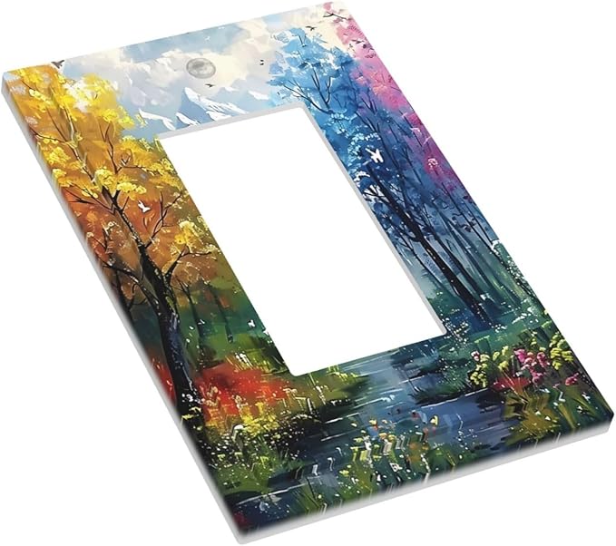Colorful Forest Snow Mountain River Oil Painting Style Decorative Outlet Covers 1 Gang Single Rocker Light Switch Cover Plate Wall Plates GFCI Faceplate for Bedroom Living Room Decor
