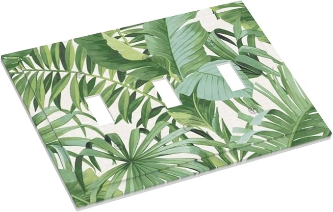 Tropical Palm Trees Leaves 3-Gang Toggle Device Switch Wall Plate Green Greenery Jungle Botanical Plant Boho Monstera Leaf Mid-Size Decorative Triple Decorator Light Switch Outlet Cover Faceplate