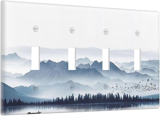 Light Switch Covers Mountain Foggy Lake Boat Grey Blue Forest Birds Quad Toggle 4 Gang Wall Plate Electrical Faceplate Decorative Switch Plates for Bedroom living Room Decor