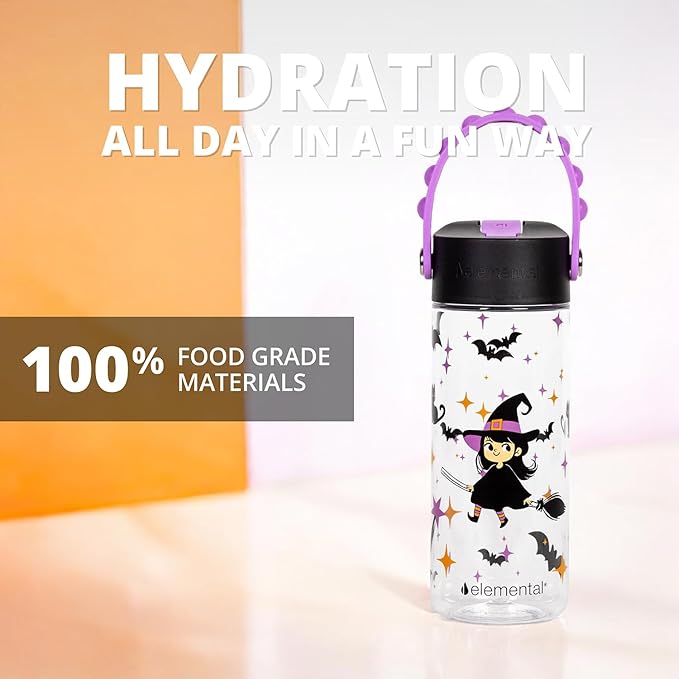 Elemental Water Bottles for Kids - Splash Kids Water Bottle for School with Pop-it Handle - BPA Free Tritan Plastic Water Bottle with Straw Leak Proof when Spout is Closed - Little Witch - 18oz