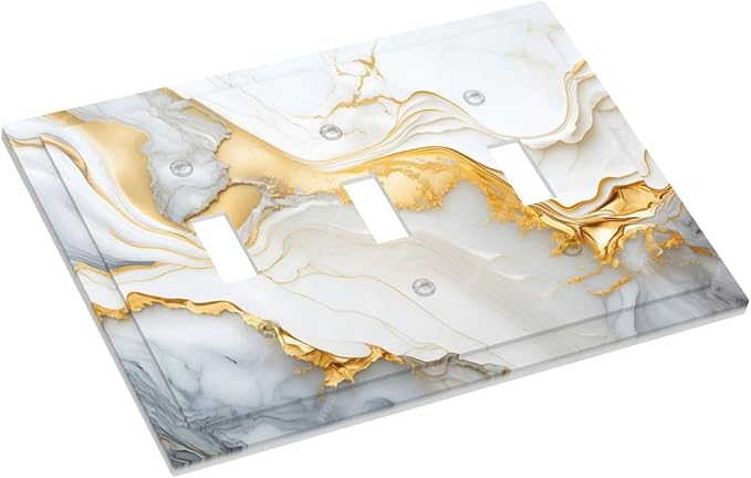 Exquisite White Gold Marble Abstract Luxurious Print Decorative Switch Plates 3 Gang Wall Plate Triple Toggle Light Switch Cover Faceplate Electrical Wall Panels for Bathroom Kitchen Decor