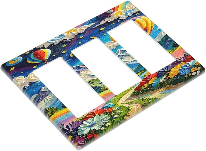 Hot Air Balloons Floral Vibrant Colors Flowers Mountains Stars Moon Light Switch Covers 3 Gang Rocker Decorative Triple Outlet Wall Plate Cover Switchplate Electrical Gfci for Bedroom Kids Room