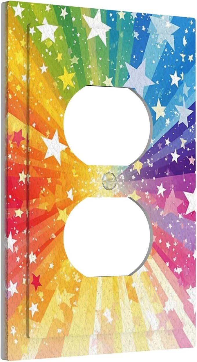 Decorative Outlet Covers Rainbowcolored Rays With White Stars 1 Gang Duplex Light Switch Cover Plate Electrical Switch plates Wall Plates Receptacle Covers for Nursery Home Decor