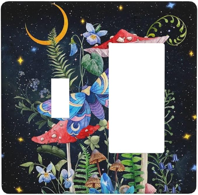Boho Butterfly Mushrooms Snail 2-Gang 1-Toggle 1-Decorator/GFCI Device Combination Wallplate Starry Moon Night Stars Botanical Moth Dual Combo Toggle Receptacle Outlet Light Switch Cover Face Plate