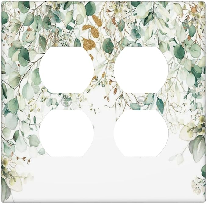 Gold Green Eucalyptus Leaves Plants Flowers Floral Outlet Covers 2 Gang Double Duplex Decorative Light Switch Covers Electrical Wallplates Socket Faceplate for Bedroom Living Room Decor