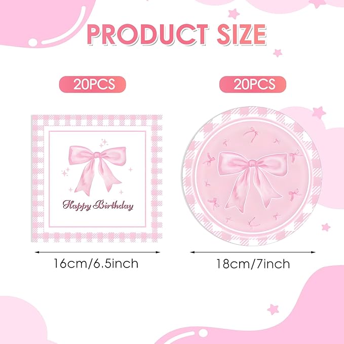 40pcs Pink Bow Party Supplies Bow Birthday Party Plates and Napkins Pink Bow Party Decorations for Girls Bachelorette Party Bride Engagement Decoration Baby Shower Coquette Cute Supplies