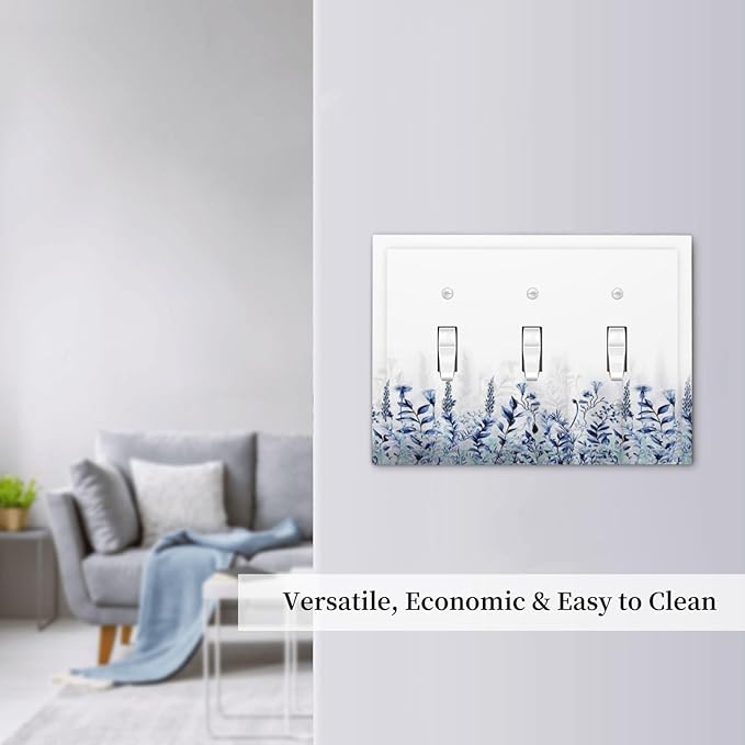 Decorative Light Switch Cover Plate Rustic Blue Plants Wildflowers Boho Leaves Unique 2 Gang Wall Plate Cover Double Toggle Switch Plate Covers Electric Dual Device Electrical Faceplate