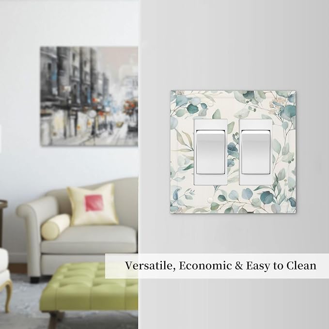 Boho Green White Eucalyptus Leaf Floral Decorative Outlet Covers 2 Gang Double GFCI Rocker Electrical Wall Panels Light Switch Cover Plate for Farmhouse Living Room Decor