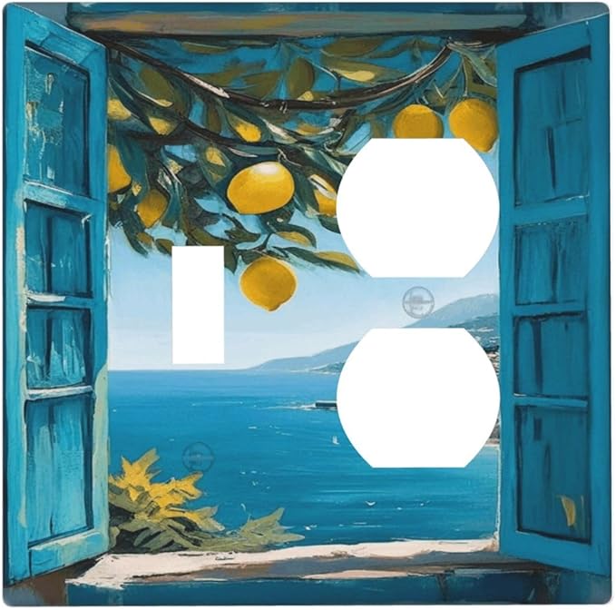 Decorative Art Light Switch Covers Seaside Window with Lemons 2 Gang Single Toggle Duplex Combination Electrical Faceplate Switchplate Wall Plate for Home Decor