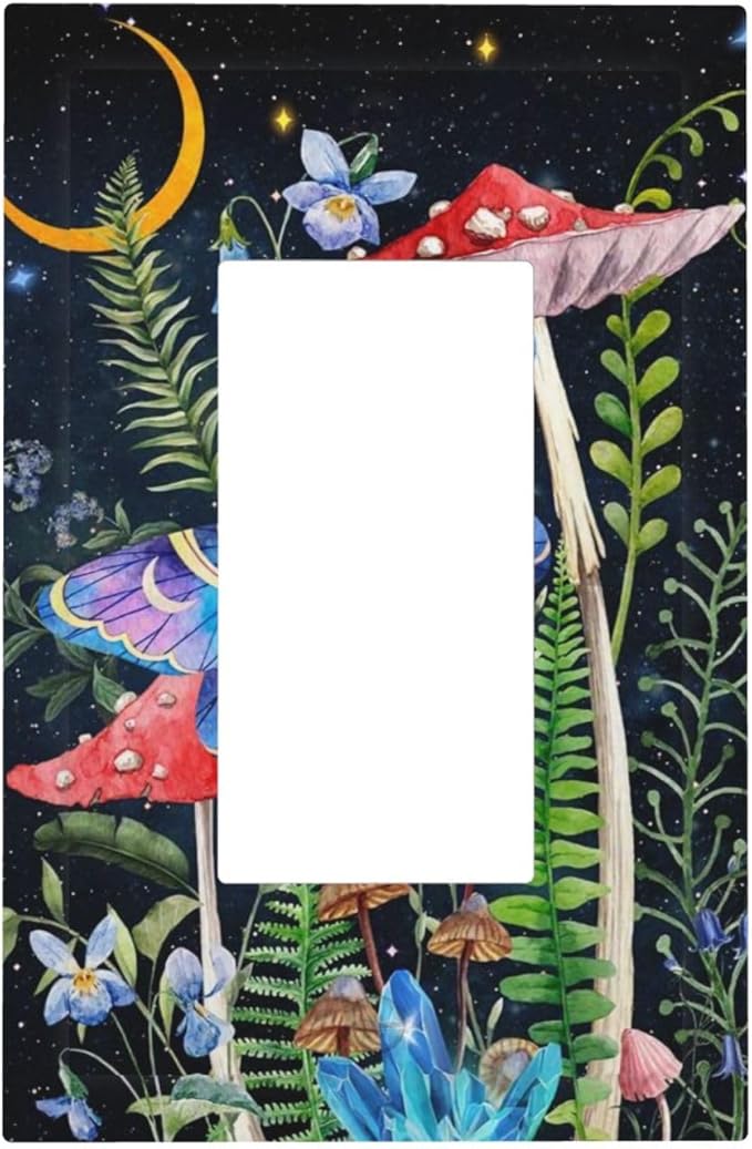 Gothic Moth Mushroom Starry Moon Night Butterfly Boho 1 Gang Single Decorator/Rocker Wall Plate Light Switches GFCI Electrical Device Face Switchplate Plug Cover for Dimmers, Receptacle, USB Outlet
