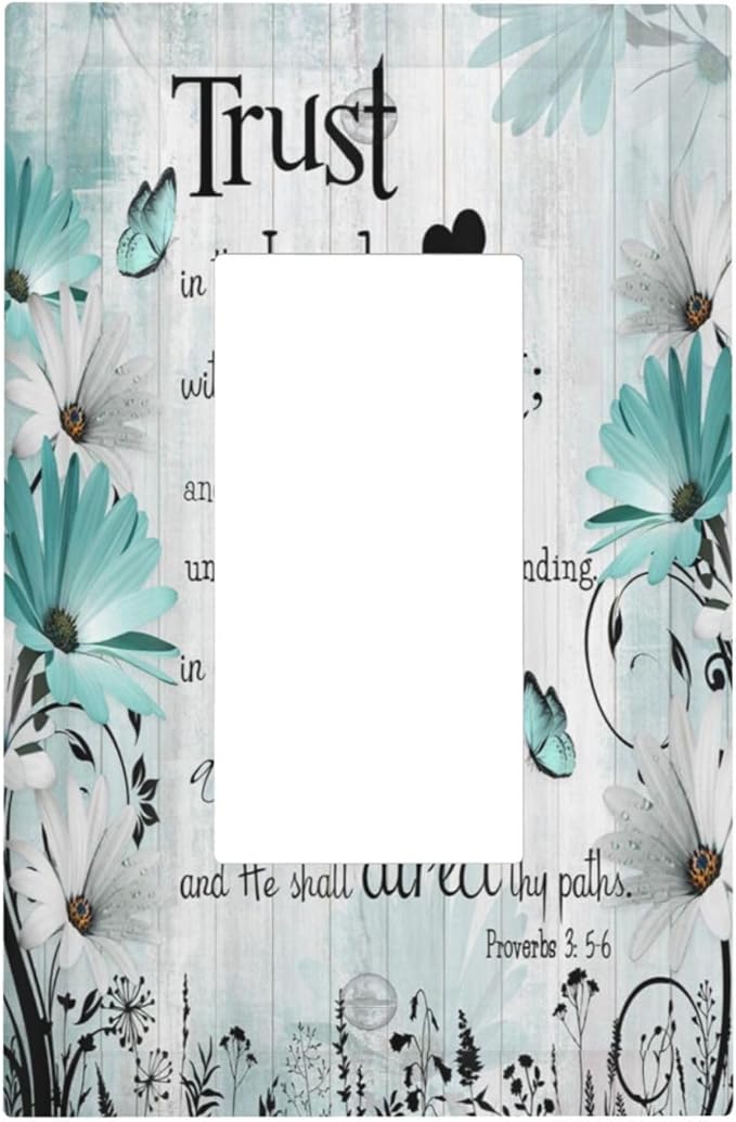 Rustic Teal Daisy Bible Verse Wooden Inspirational Quote Decorative Outlet Covers 1 Gang Single Rocker Light Switch Cover Plate Wall Plates GFCI Faceplate for Bedroom Living Room Decor