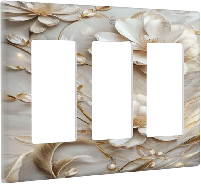 Decorative Art Light Switch Covers Elegant White and Gold Florals 3 Gang Triple Rocker Outlet Switch plate GFCI Faceplate GFCI for Home Decor