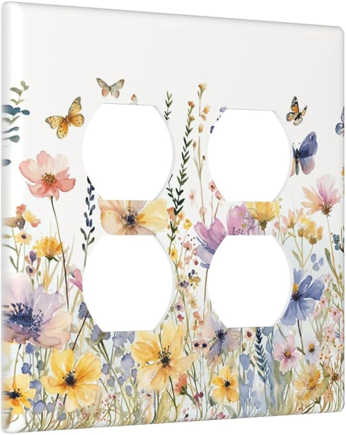 Wildflowers Colorful Flower Butterfly Floral Outlet Covers 2 Gang Double Duplex Decorative Light Switch Covers Electrical Wallplates Socket Faceplate for Farmhouse Bedroom Decor