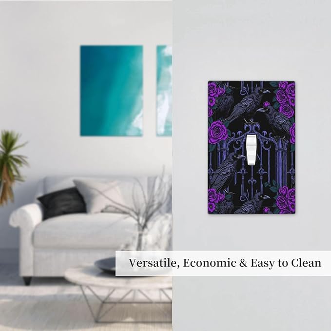 Decorative Light Switch Cover Gothic Style Crow Purple Flowers 1 Gang Single Toggle Decorator Outlet Wall Plate Device Electrical Faceplate Switchplates for Bedroom living Room Decor