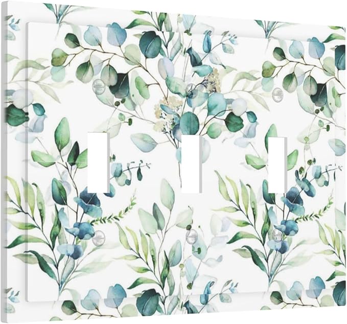 Watercolor Spring Olive Leaves Triple Toggle Device Switch Wall Plate 3-Gang Light Switch Cover Green Eucalyptus Sage Ivy Leaf Botanical Bontay Decorative Decorator Wallplate Switchplate Room Decorate