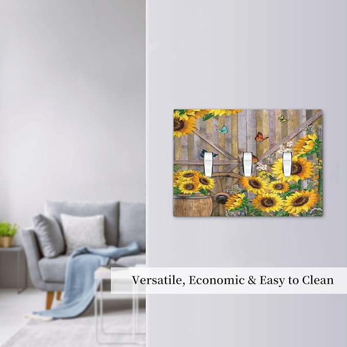 Rustic Sunflower Barn Door Country Wood Plank 3 Gang Light Switch Covers Decorative Triple Toggle Wall Plate Electrical Faceplate Switchplate for Farmhouse Bathroom Bedroom Home Decor