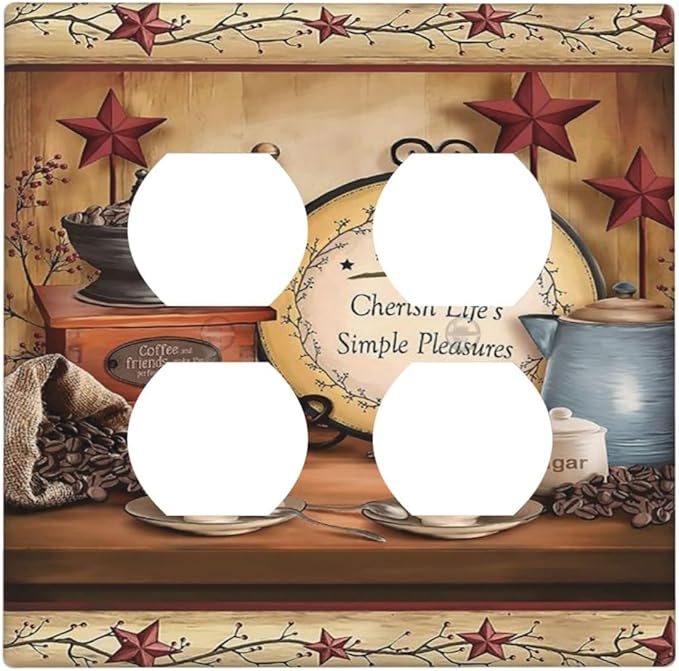 Kitchen Coffee Beans Cafe Country Cottage Lodge Hotel Life Texas Star Dining 2-Gang Device Duplex Wall Plate, Decorative Two Gang Double Duplex Receptacle Socket Outlet and Light Switch Cover Plate