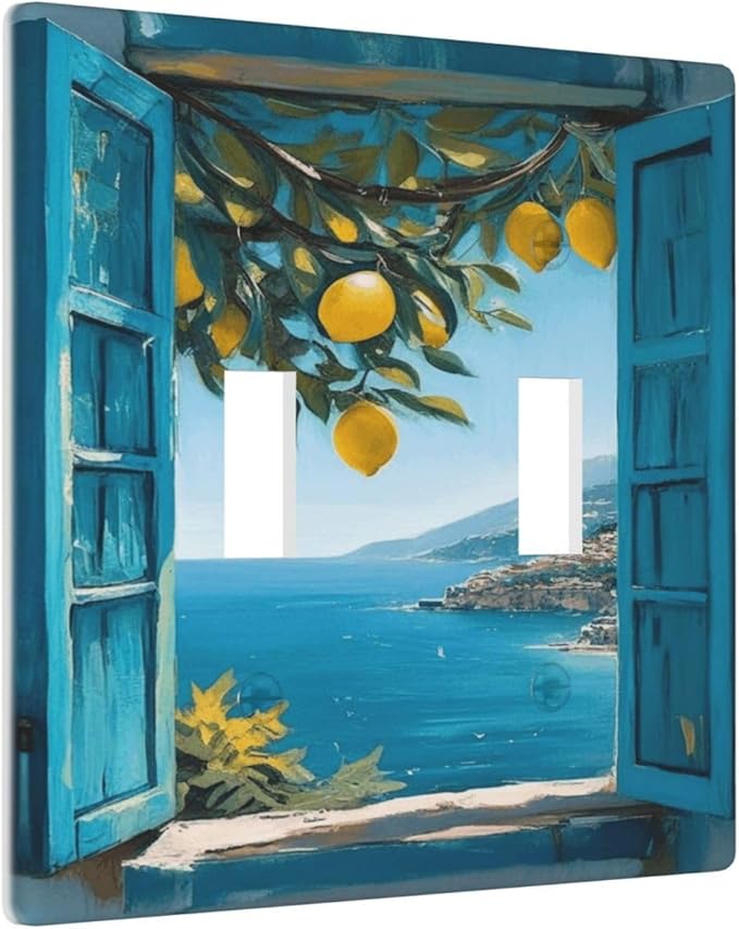 Decorative Art Light Switch Covers Seaside Window with Lemons 2 Gang Double Toggle Wall Plate Decorative Switchcover Electrical Switchplate for Home Decor