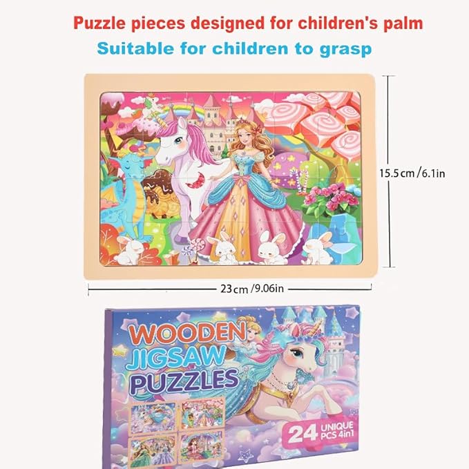 jWooden Puzzle for Kids 4-6 Years Old, 4 Pack of 24 Pieces Unicorn Princess Fairy Puzzle, Preschool Education Brain Teaser Toy for 3 4 5 6 Year Old Girls.