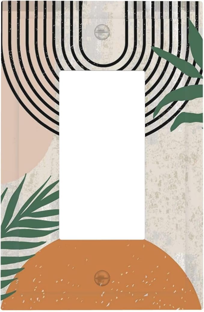1 Gang Single GFCI/Decorator Rocker Outlet Light Switch Wall Plate Cover Abstract Mid Century Modern Leaf Geometric Boho Arch Sun Plant Aesthetic Art Decorative One Device Electrical Faceplate Dimmer