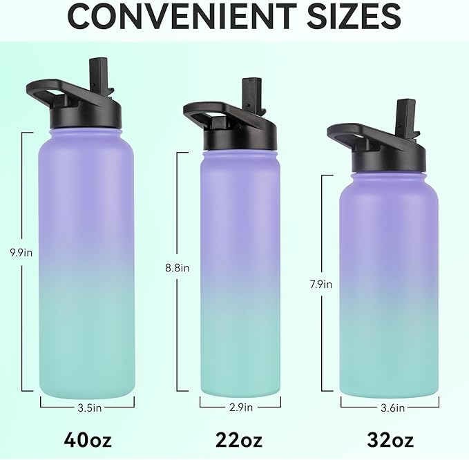 DOMICARE Insulated Water Bottle, 22 oz Vacuum Insulated Stainless Steel Reusable Sports Bottle with Straw Lid & Spout Lid for Travel, Camping, Bike, Leakproof, Purple/Green, 1 Pack