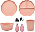Complete tableware set, 6 pieces, water cups, dinner plates, divided dinner plates, bowls, spoons, and forks. (pink)