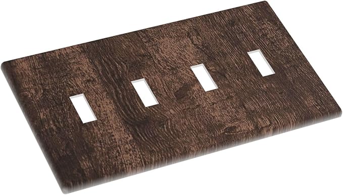 Brown Dark Wood Plank Rustic Vintage Print Light Switch Covers Quad Toggle Electrical Faceplate 4 Gang Wall Plate Decorative Switch Plates for Farmhouse Home Decor