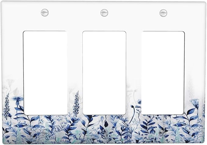 Decorative Outlet Covers Rustic Blue Plants Wildflowers Boho Leaves 3 Gang Wall Plate Cover Triple Rocker Decora Light Switch Covers Plate Jumbo Electrical GFCI Switch Plate Cover