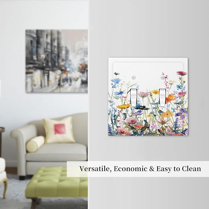 Watercolor Wildflowers Colorful Floral Plant Decorative Switch Plates 2 Gang Double Toggle Outlet Light Switch Cover Wall Plate Electrical Faceplate for Bedroom Living Room Decor