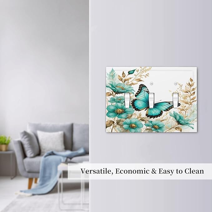 Decorative Light Switch Cover Plate Butterfly on Blue Daisy Flower Floral Golden Leaf 3 Gang Wall Plate Oversized Triple Toggle Switch Cover Plate Jumbo Electrical Face Plate