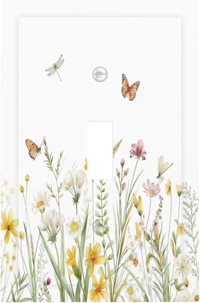Colorful Wildflowers Dragonfly Butterfly Floral Decorative Light Switch Cover 1 Gang Single Toggle Device Electrical Faceplate Switchplates Decorator Outlet Wall Plate for Bedroom Living Room Decor