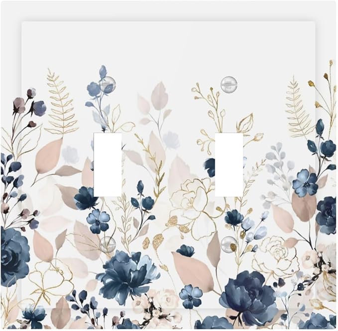 Blue Flora Boho Vintage Flower Golden Leaves Decorative Switch Plates 2 Gang Double Toggle Outlet Light Switch Cover Wall Plate Electrical Faceplate for Bedroom Living Room Decor