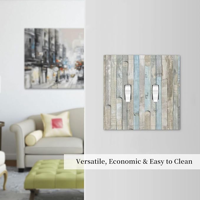 Country Rustic Blue White Wood 2 Gang Double Toggle Outlet Light Switch Cover Wall Plate Electrical Faceplate Decorative Dual Device Switchplate