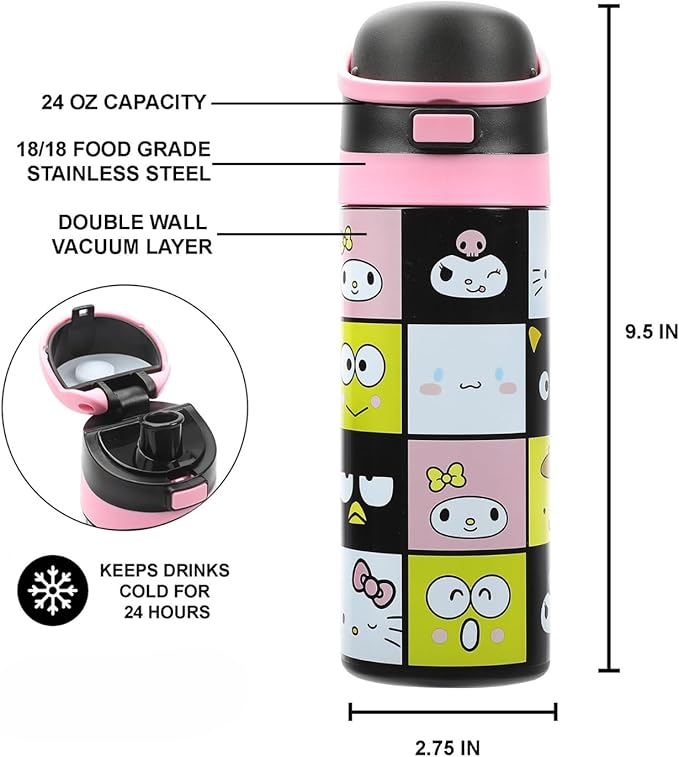 Hello Kitty & Friends Character Face Squares 24 Oz Stainless Steel Water Bottle