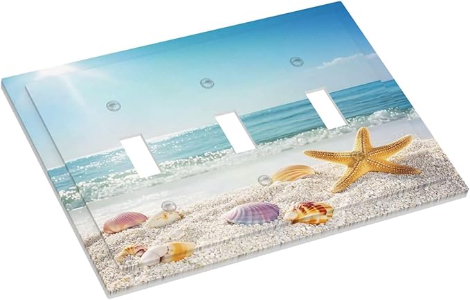 Decorative Switch Plates Summer Beach Colorful Seashell Starfish 3 Gang Wall Plate Triple Toggle Light Switch Cover Faceplate Electrical Wall Panels For Kids Room Nursery Decor