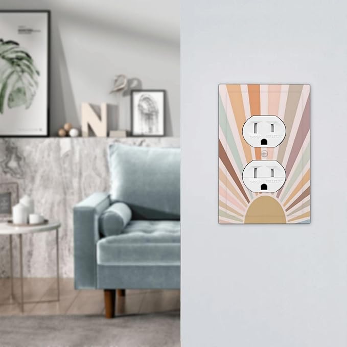 Boho Sun Rainbow Retro Aesthetic Abstract Art Sunrise Sunset Outlet Covers 1 Gang Duplex Light Switch Cover Decorative Switch Plates Electrical Receptacle Faceplate Wall Plate for Kids Room Bedroom