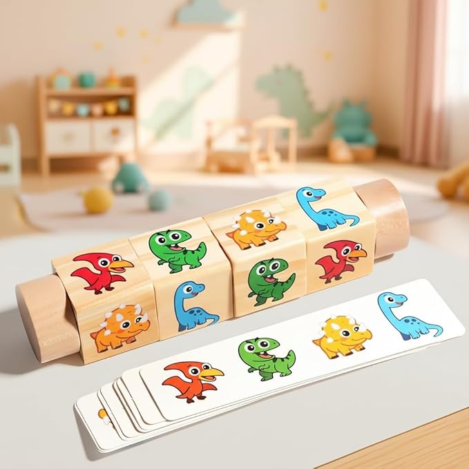 Wooden Dinosaur Matching Puzzle Game – Early Educational Toddler Rotating Block Puzzle with Cards for Hand-Eye Coordination & Fine Motor Skills Development for Age 1 2 3+