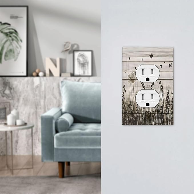 Wildflower Butterfly Grass Dandelion Vintage Wooden Print Outlet Covers 1 Gang Duplex Light Switch Cover Decorative Switch Plates Electrical Receptacle Faceplate Wall Plate for Farmhouse Home Decor