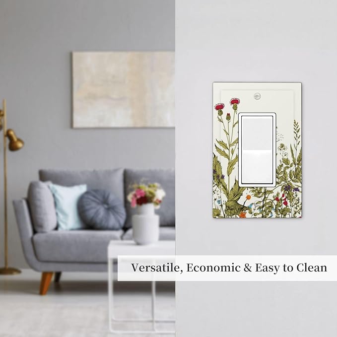 Country Wild Flower Decorative 1 Gang Single Decorator GFCI/Rocker Wall Plate Spring Blossom Botanical Sage Herbs Border Vintage Floral Electrical Receptacle Outlet Light Switch Cover for Dimmer, USB