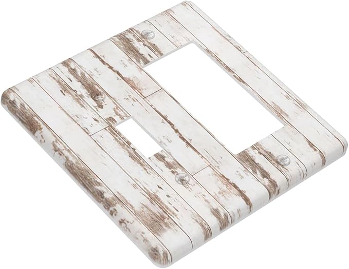 White Grey Wood 2 Gang Single Toggle/Rocker Combination Light Switch Cover Decorative Wall Plate Faceplate Boys Kids Teen Girl Bedroom Room Decorate 4.5" x 4.5