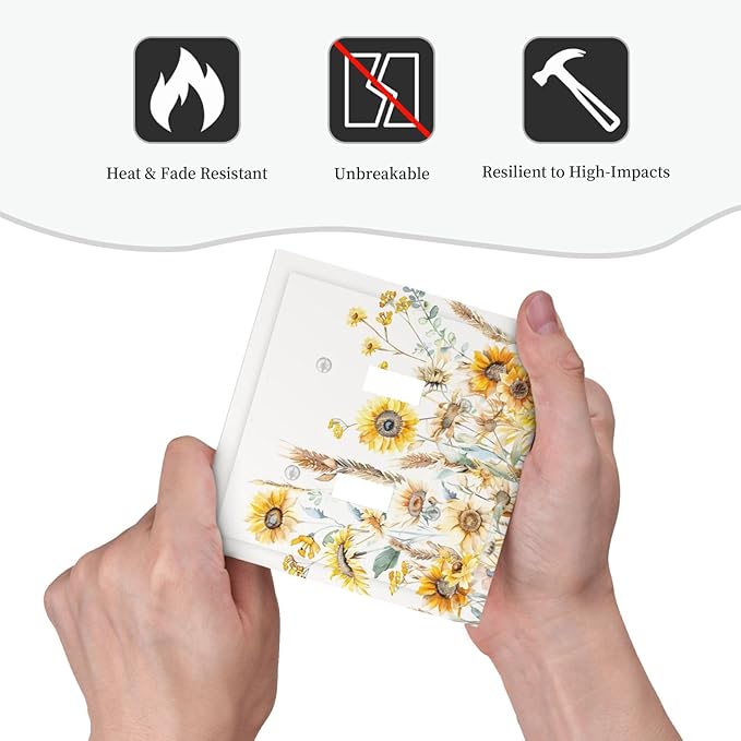 Yellow Floral Sunflowers Wheat Ears Watercolor Wild Flowers Decorative Switch Plates 2 Gang Double Toggle Outlet Light Switch Cover Wall Plate Electrical Faceplate for Bedroom Living Room Decor