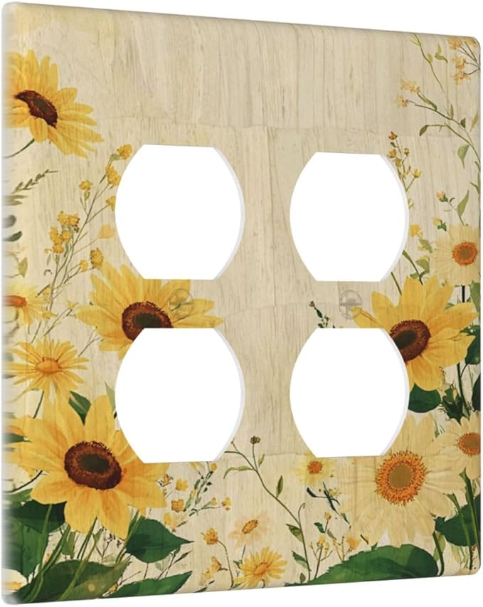 Decorative Outlet Covers with Vintage Botanical Sunflower Field Design 2 Gang Wall Plate Double Duplex Receptacle Light Switch Cover Switch Plate Cover for Nature Yellow Blooms Wall Decor